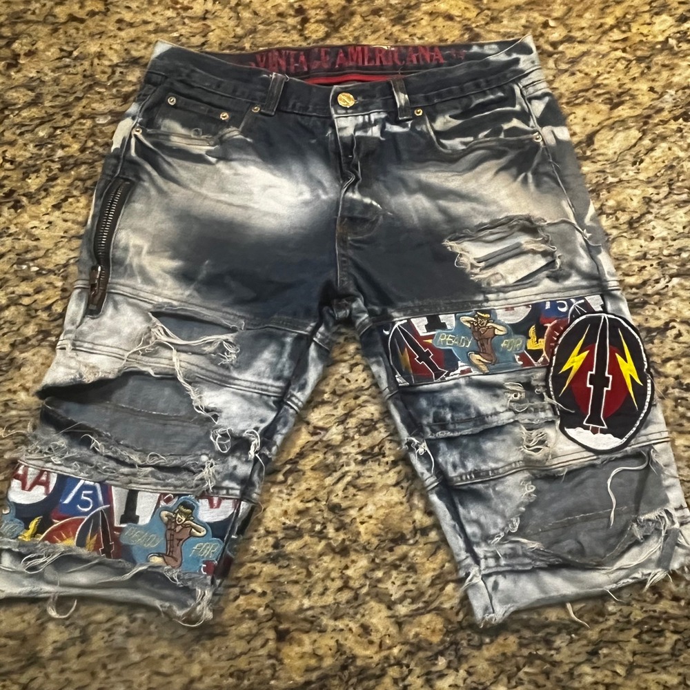 Vintage Americana Denim Outpost Mens Distressed Acid Wash Patched Shorts Size 34